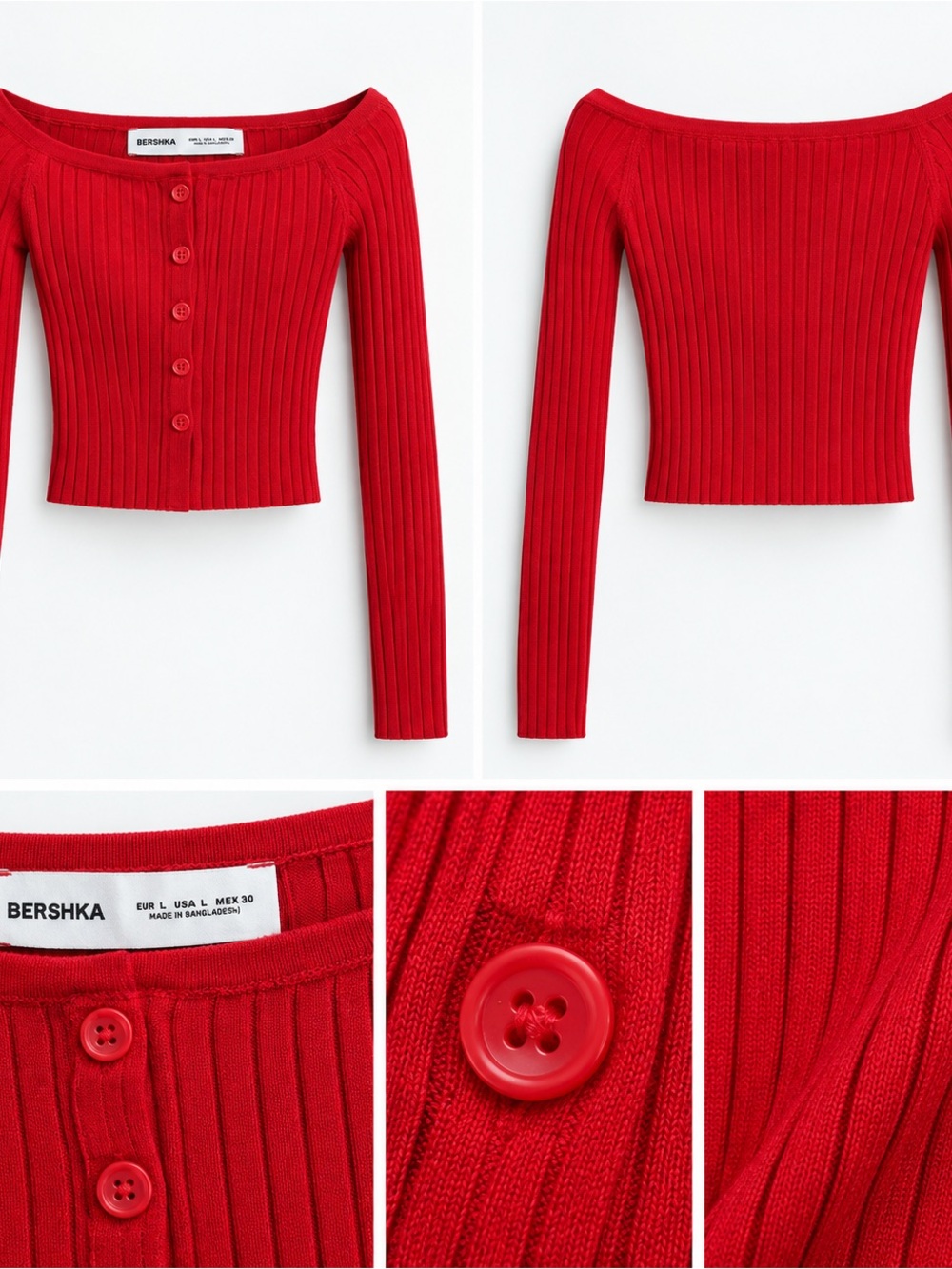 Bershka Scarlet Ribbed Off-Shoulder Button-Up Crop Sweater